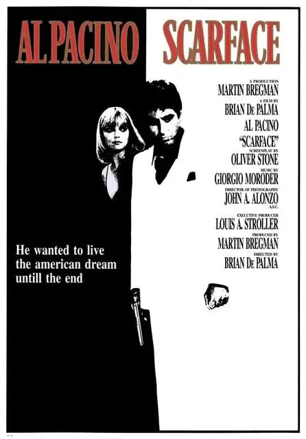 Affiche de film Scarface mettant en vedette Martin Bregman et Brian De Palma