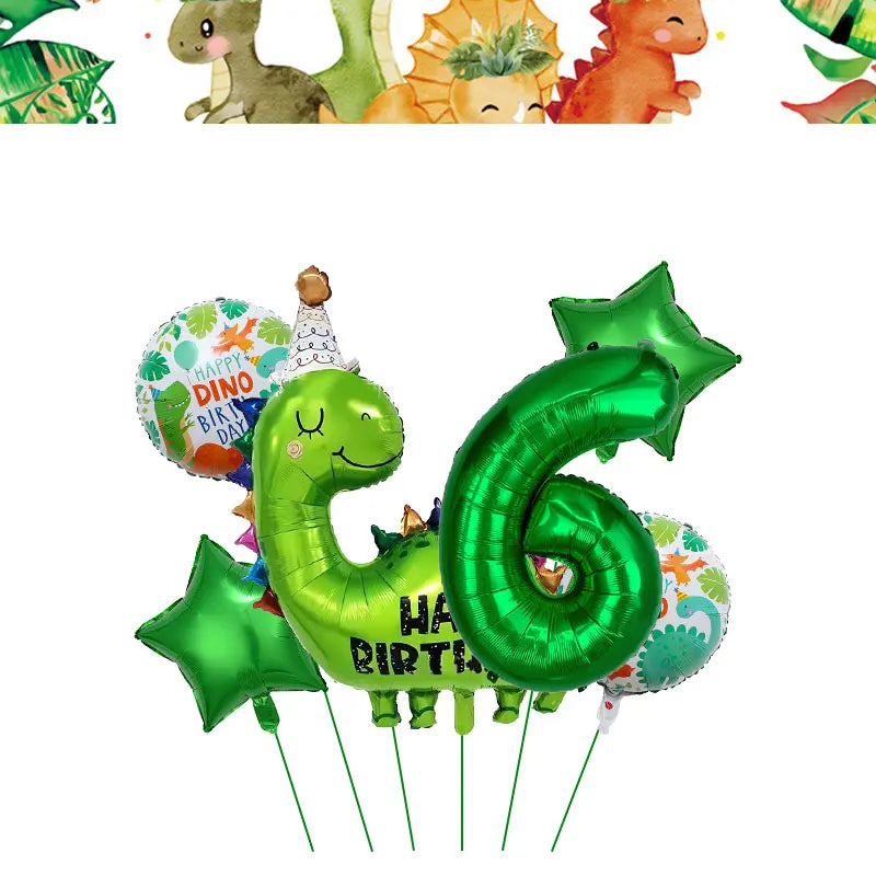 A kit for a dinosaur birthday party including balloons, banner, and cake topper.