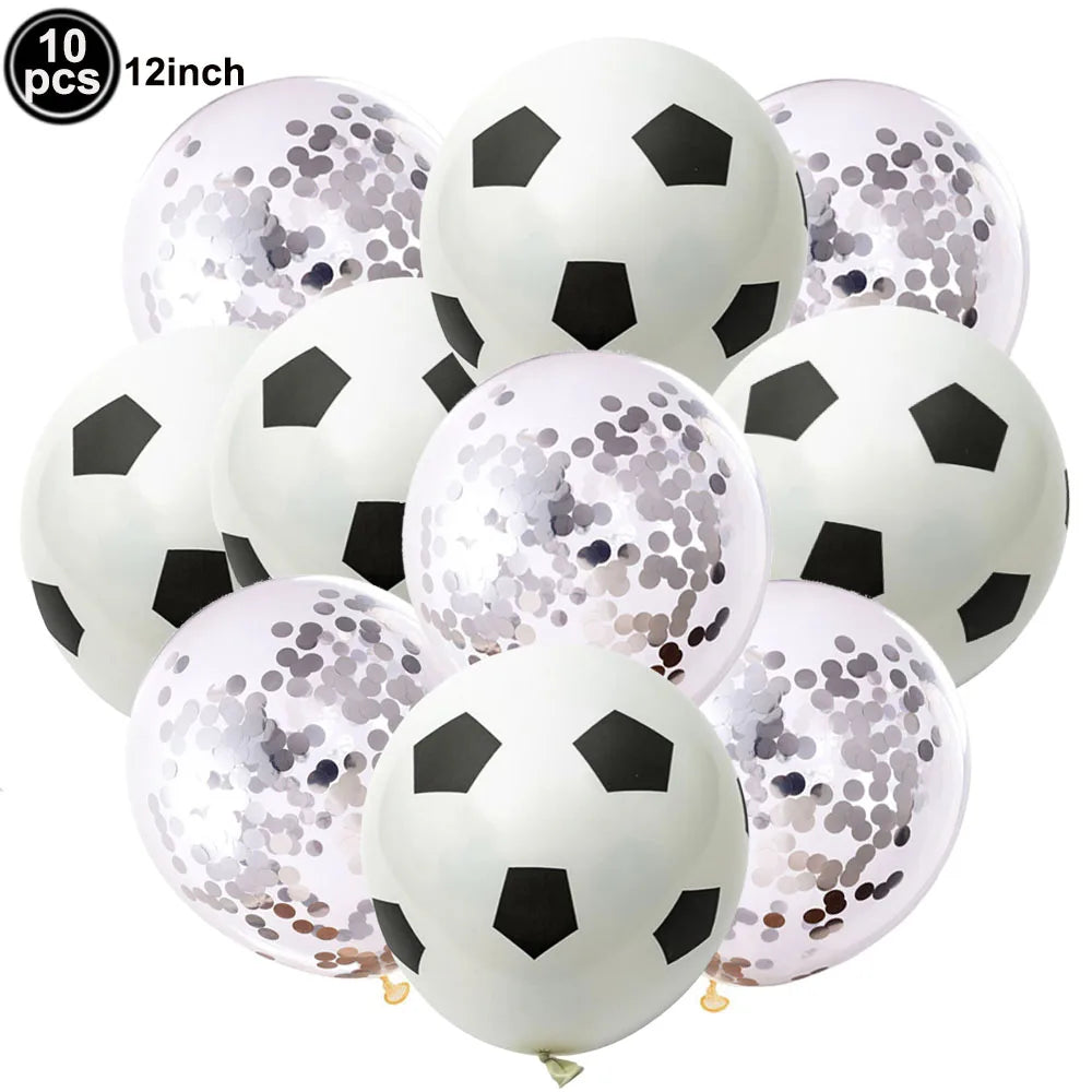 A pack of ten white and silver soccer ball-shaped latex balloons for party decorations.