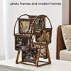A collection of vintage photo frames with wooden rotating stands displayed on a white table.