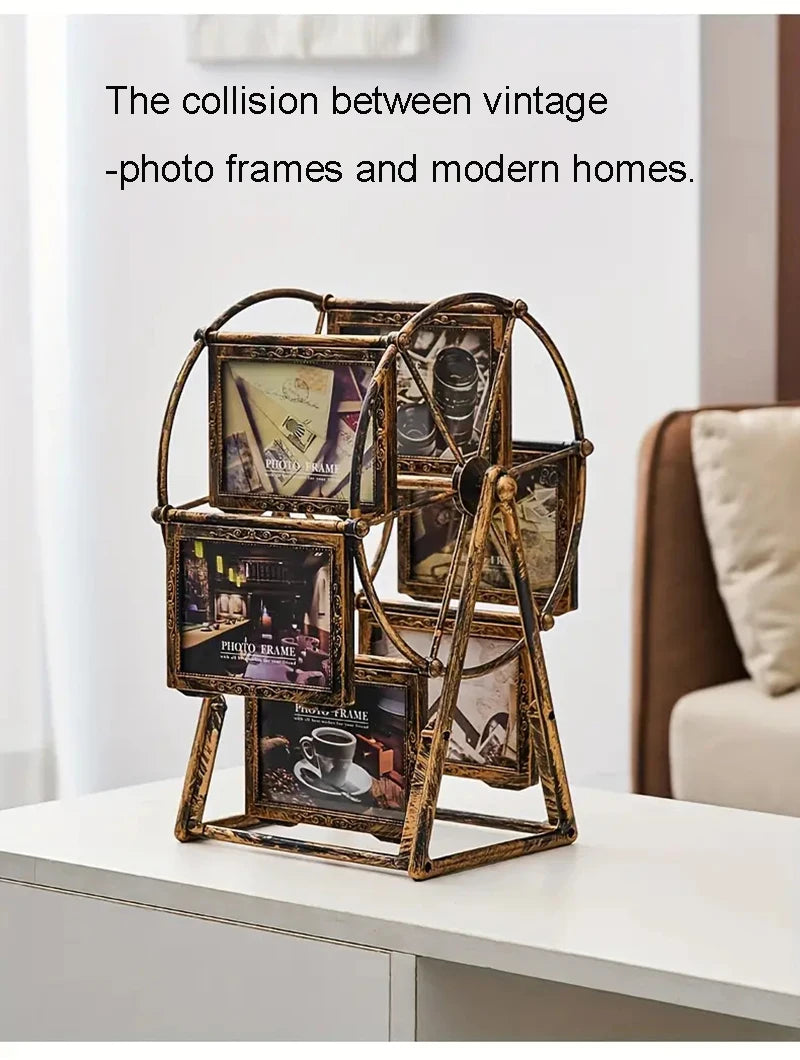 A collection of vintage photo frames with wooden rotating stands displayed on a white table.