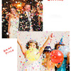 A photo of a bride and groom smiling amidst colorful paper confetti and streamers for a wedding celebration.