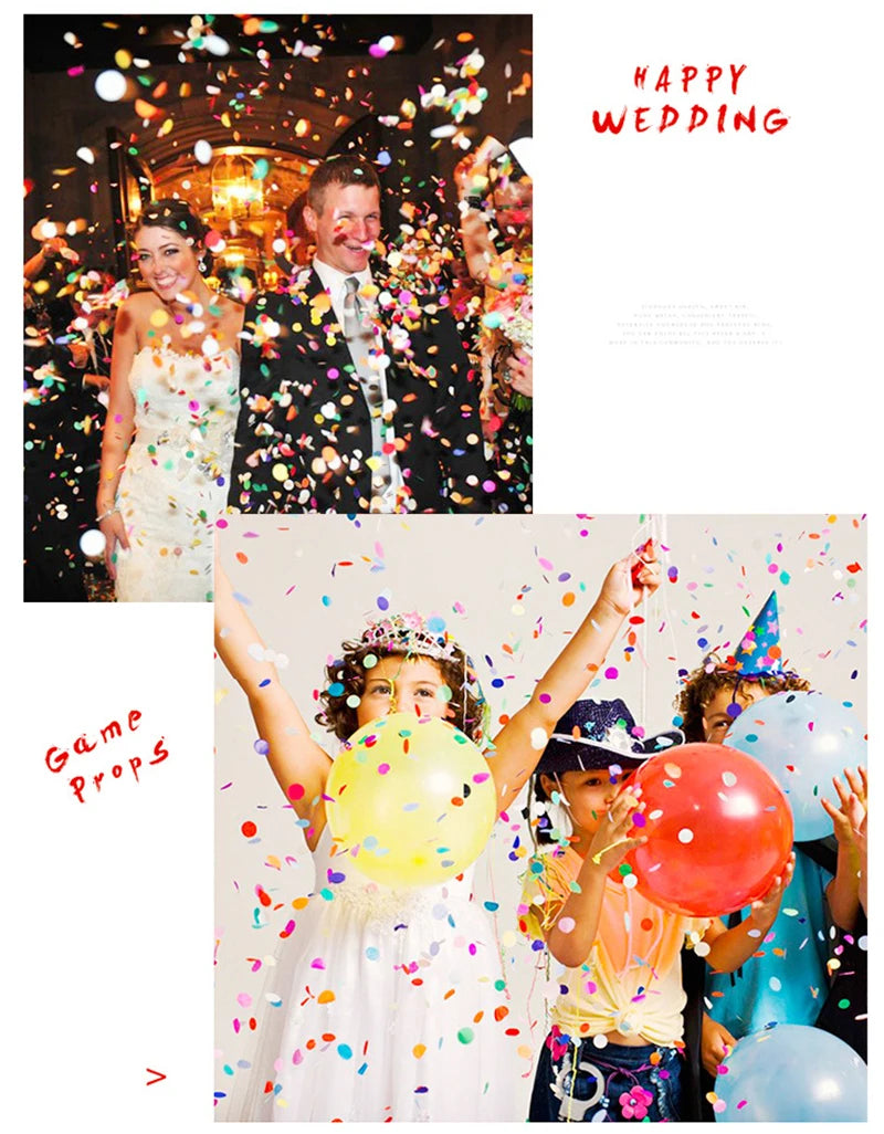 A photo of a bride and groom smiling amidst colorful paper confetti and streamers for a wedding celebration.