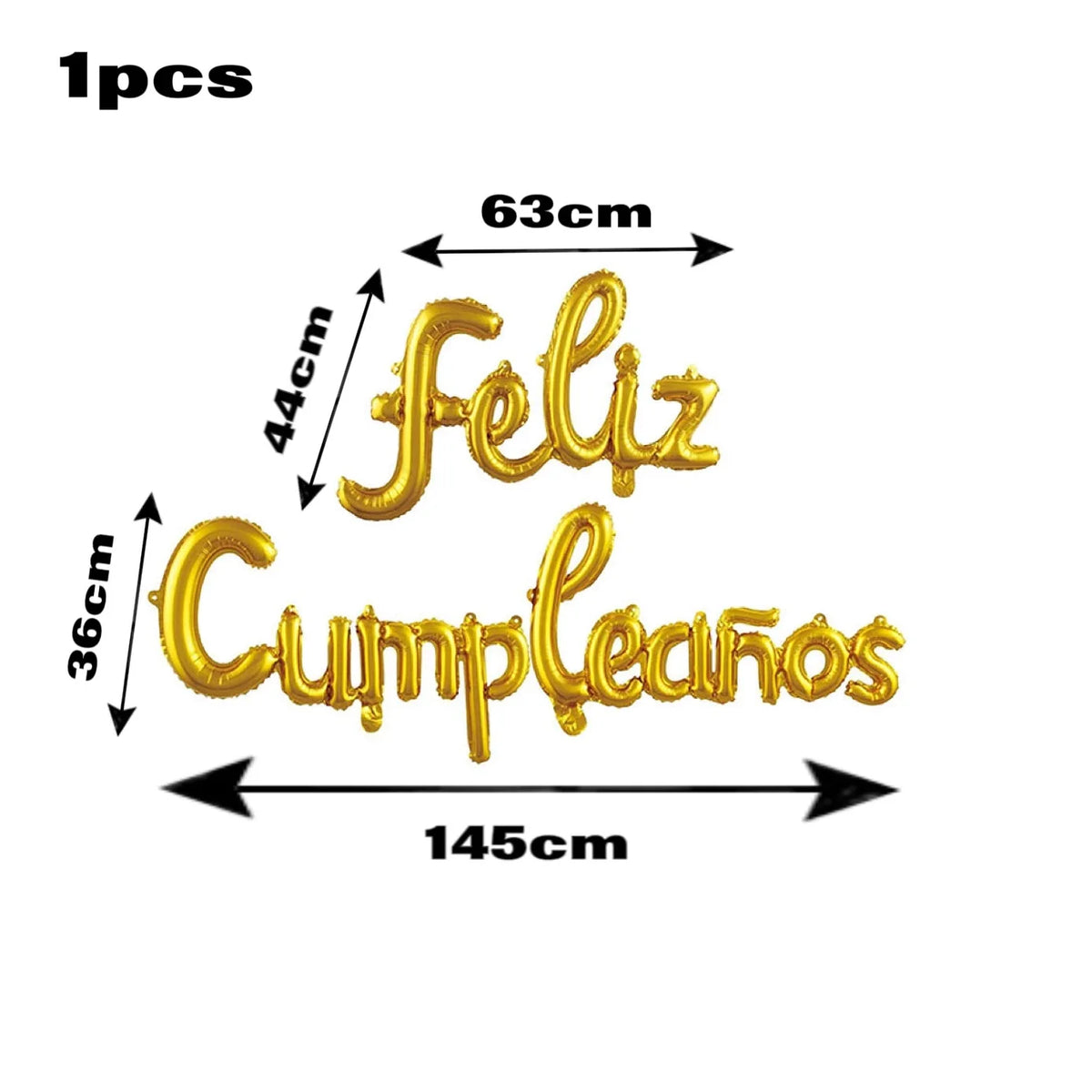 Gold foil lettering for Feliz Cumpleaños with dimensions 63cm high and 145cm wide