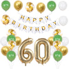 A set of green and gold birthday balloons and banner featuring the number 60.