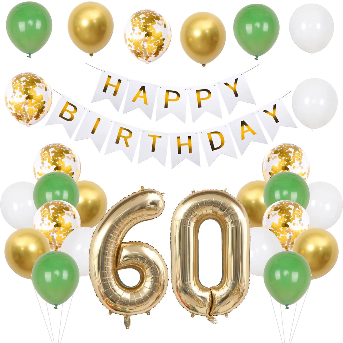 A set of green and gold birthday balloons and banner featuring the number 60.