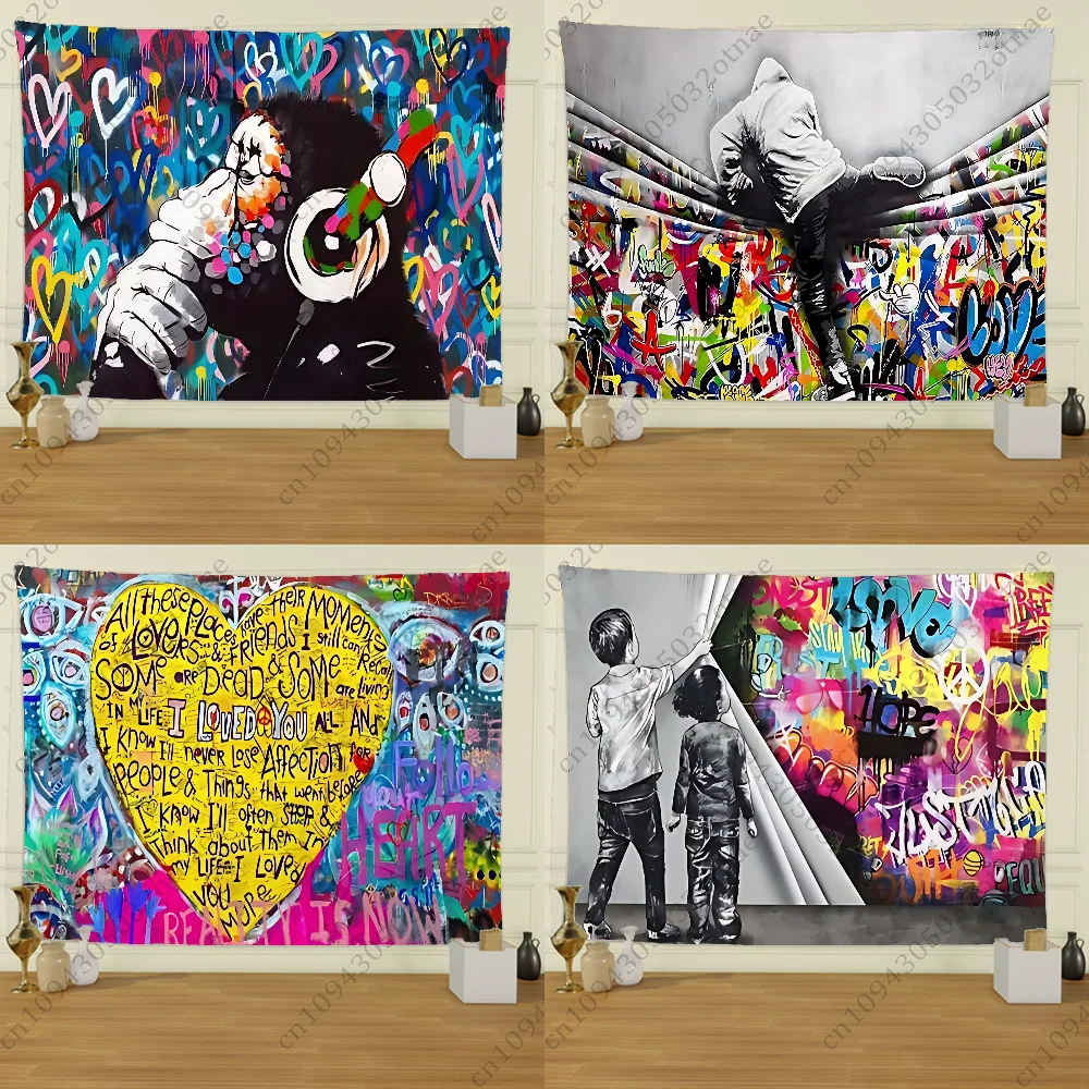Two panels of Banksy-inspired street graffiti art on a tapestry for wall decor