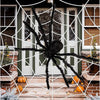 A giant plush black spider decoration is displayed in a white web on a porch with autumn pumpkins.