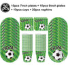 A set of soccer ball balloons including 10 pieces of 7 inch and 9 inch plates, cups, and napkins.