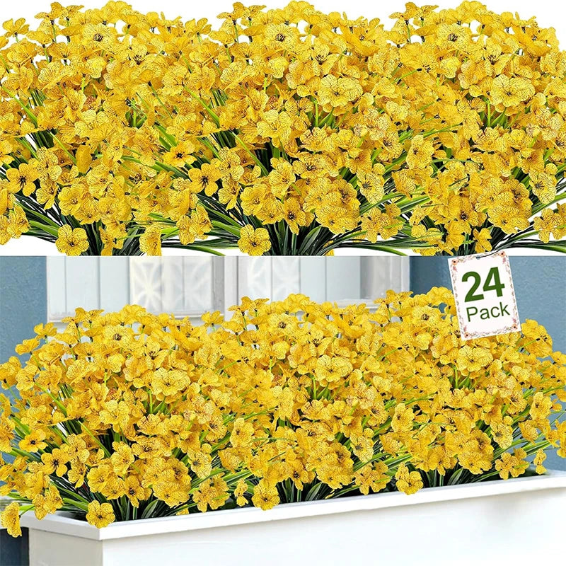 A bouquet of bright yellow silk artificial flowers displayed on a white shelf.