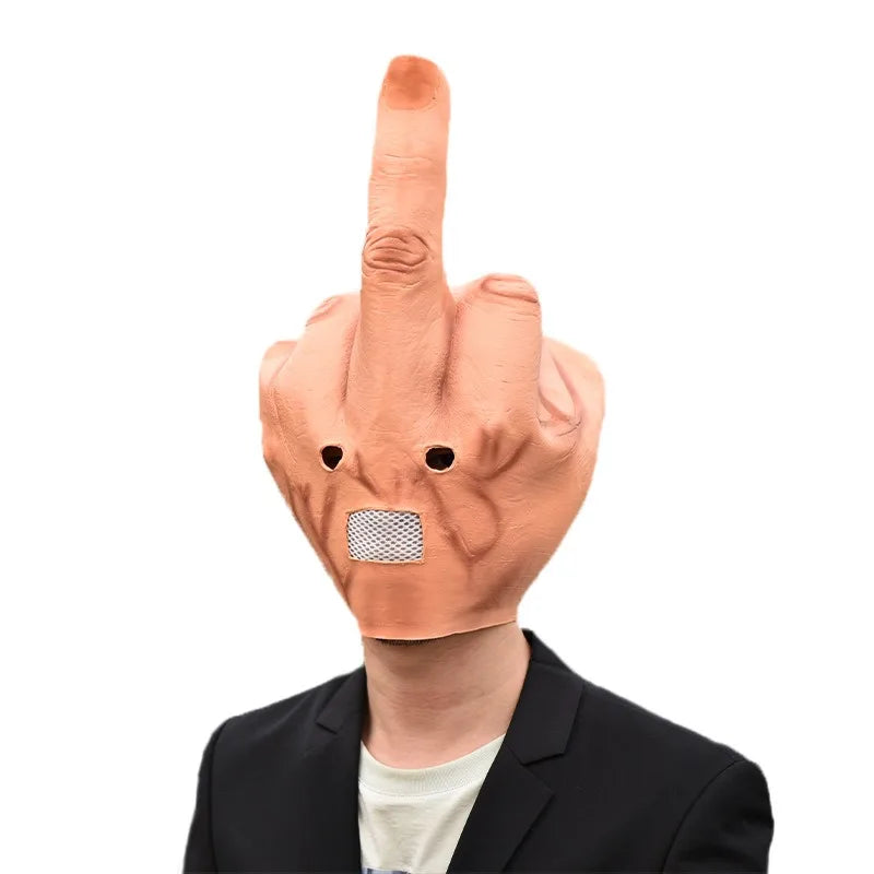 A hand wearing an orange latex finger mask with a middle finger gesture, shown against a white background.