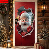 A festive Christmas door cover featuring Santa Claus peering through a torn opening in a red door.