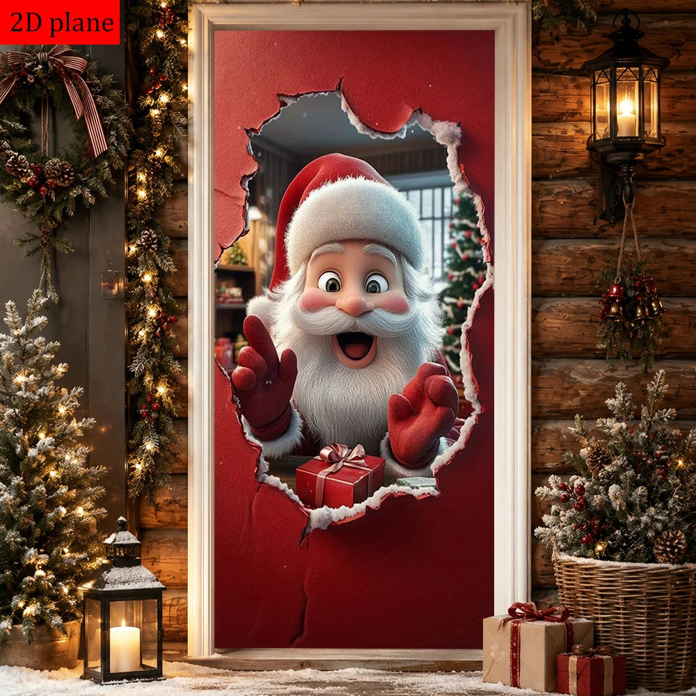 A festive Christmas door cover featuring Santa Claus peering through a torn opening in a red door.