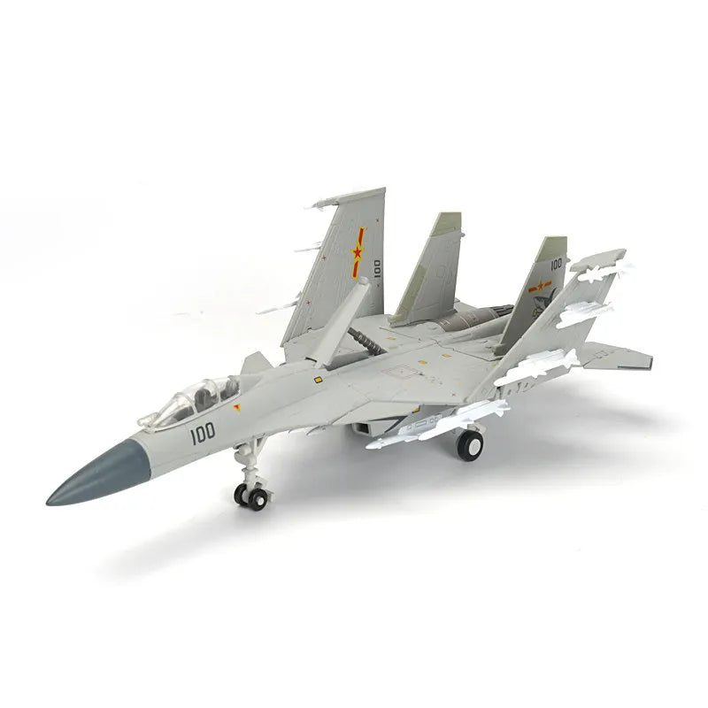 A gray J-15 fighter jet model built from building blocks, shown in a side profile.