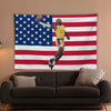A wall tapestry featuring a basketball player in a Lakers uniform jumping against an American flag background.
