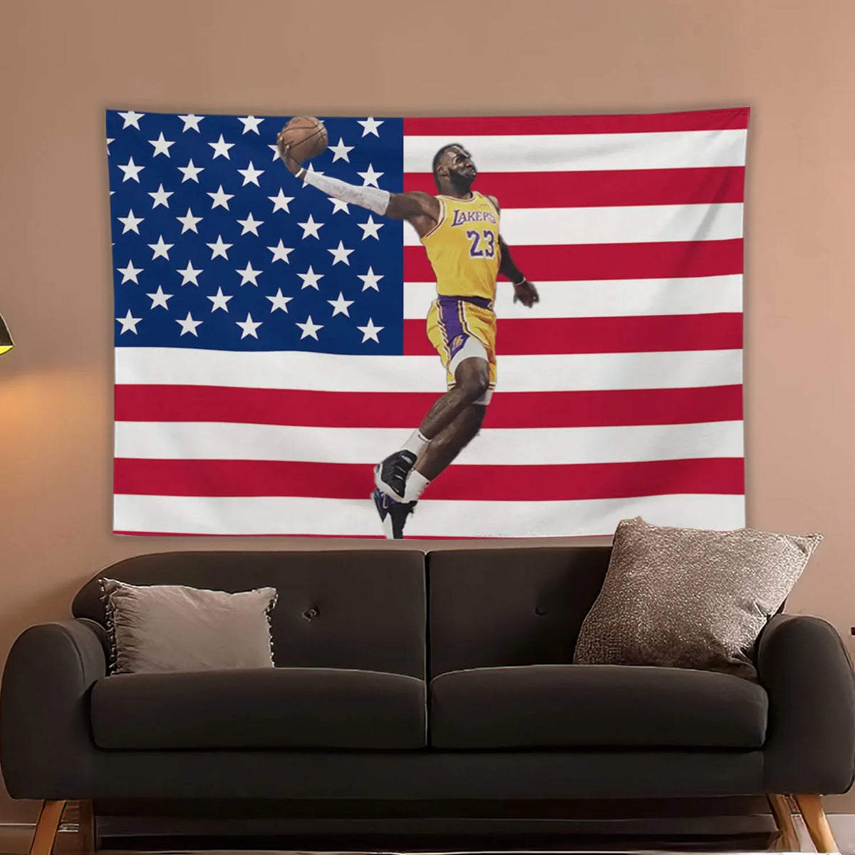 A wall tapestry featuring a basketball player in a Lakers uniform jumping against an American flag background.