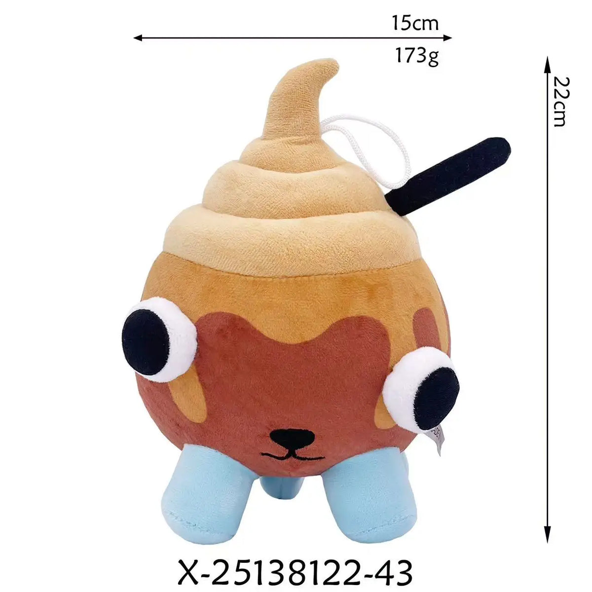 A brown and beige stuffed animal plush toy with large eyes and light blue feet.