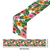 A vibrant floral print featuring pink, orange, and yellow tropical leaves used for Hawaiian luau party sunglasses and table m