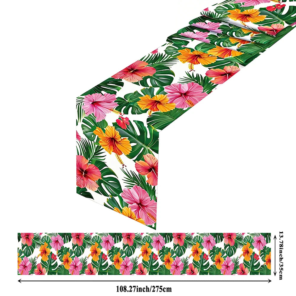 A vibrant floral print featuring pink, orange, and yellow tropical leaves used for Hawaiian luau party sunglasses and table m