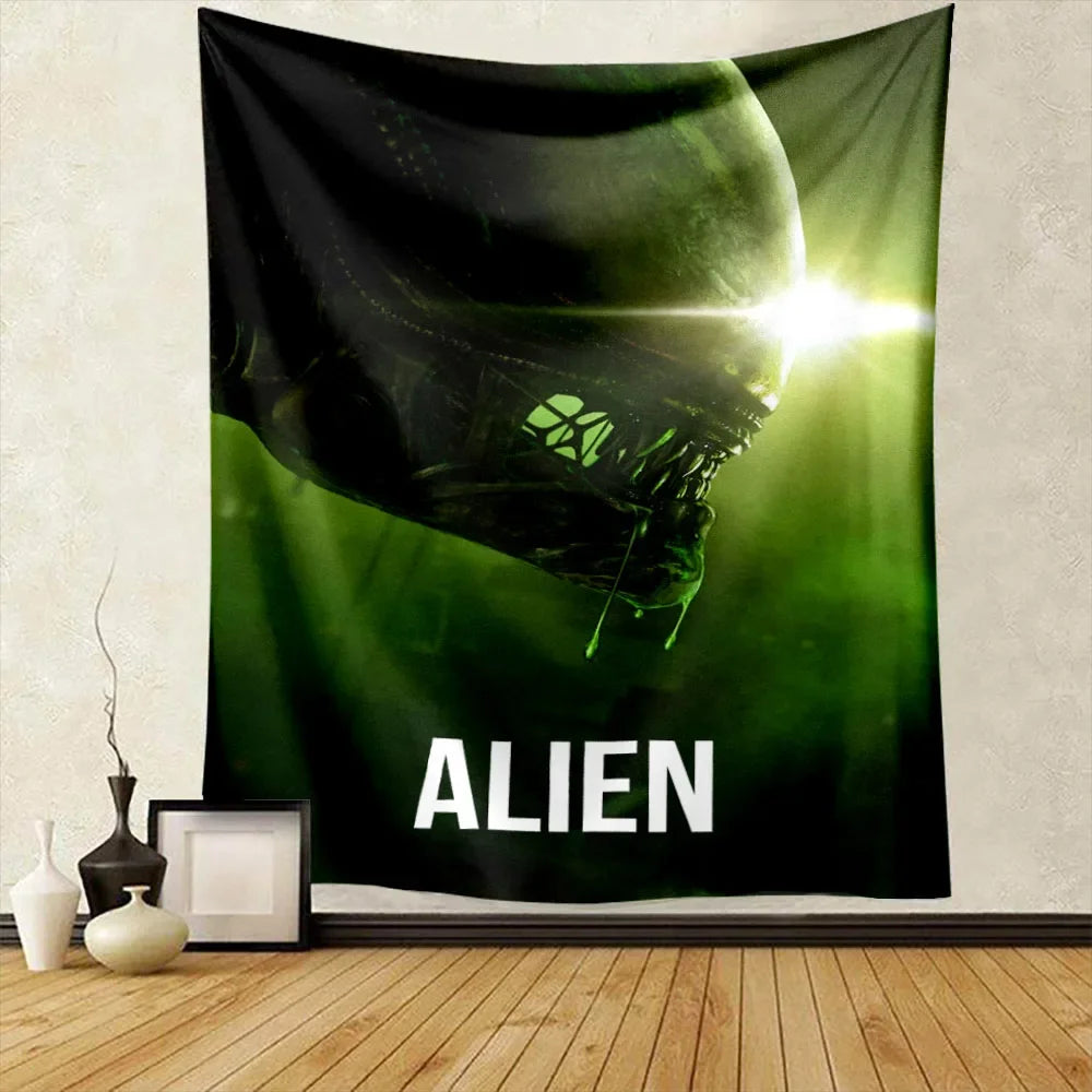 A dark green alien head silhouette with glowing eyes against a bright background on a tapestry wall hanging.