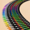 A close-up view of a set of vibrant acrylic paint markers arranged in a curved line.
