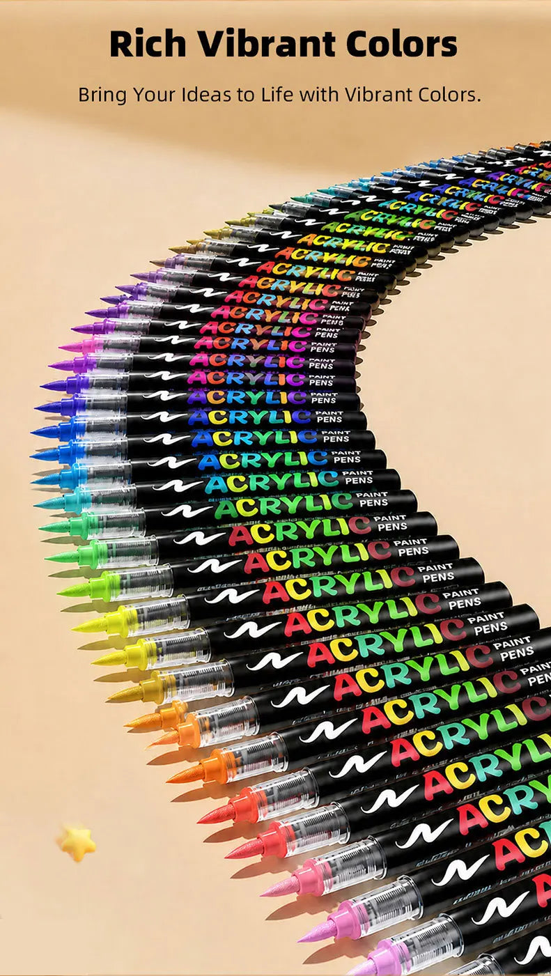 A close-up view of a set of vibrant acrylic paint markers arranged in a curved line.