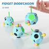 A blue fidget dodecagon cube with green accents and colorful beads is shown being held by a hand.
