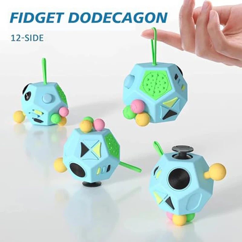 A blue fidget dodecagon cube with green accents and colorful beads is shown being held by a hand.