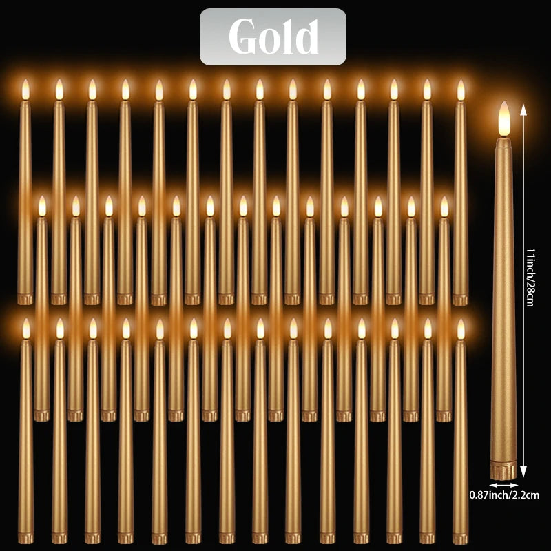 A set of gold-colored flameless LED taper candles with flickering flame effect.