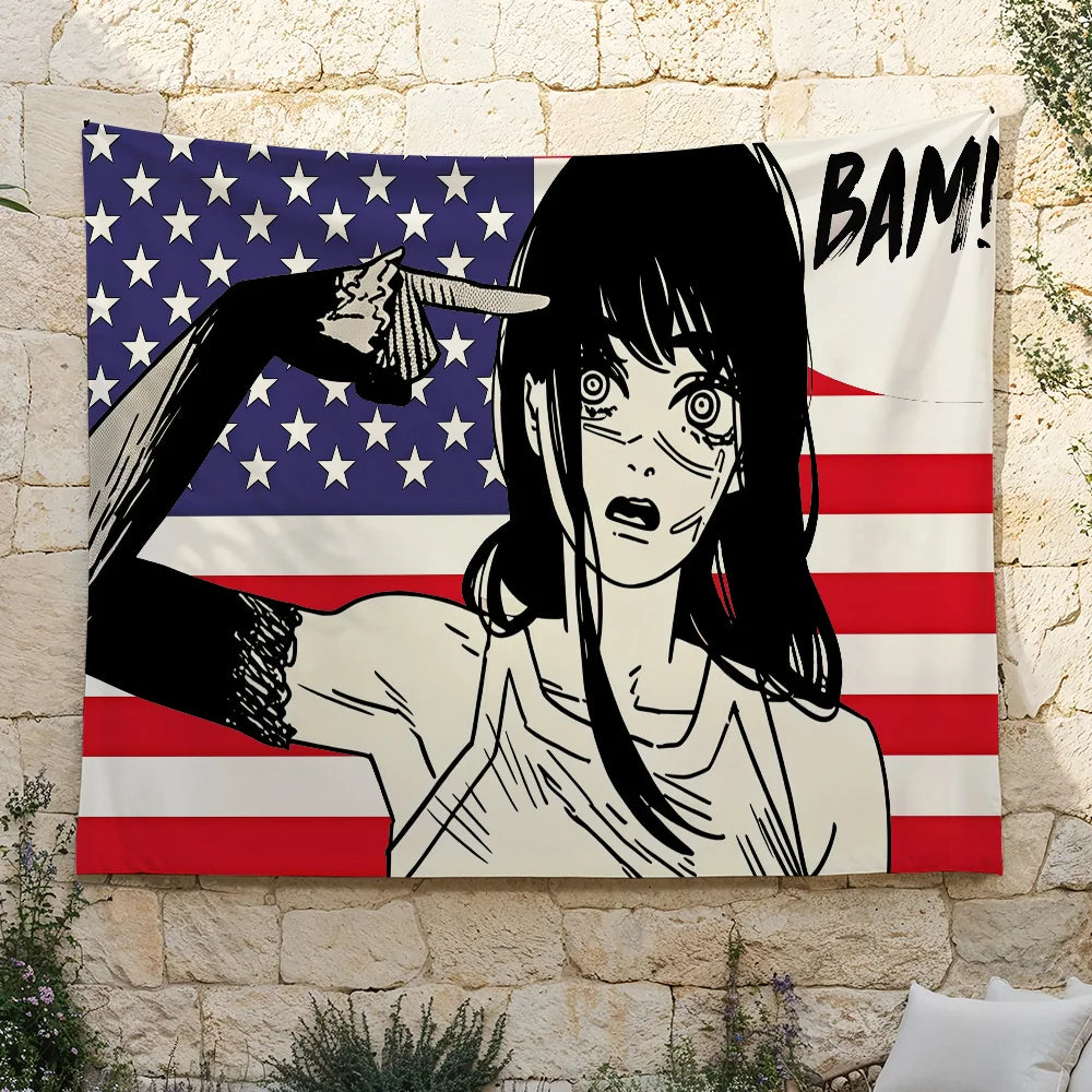 Anime tapestry featuring Chainsaw Man Yoru with a patriotic American flag background