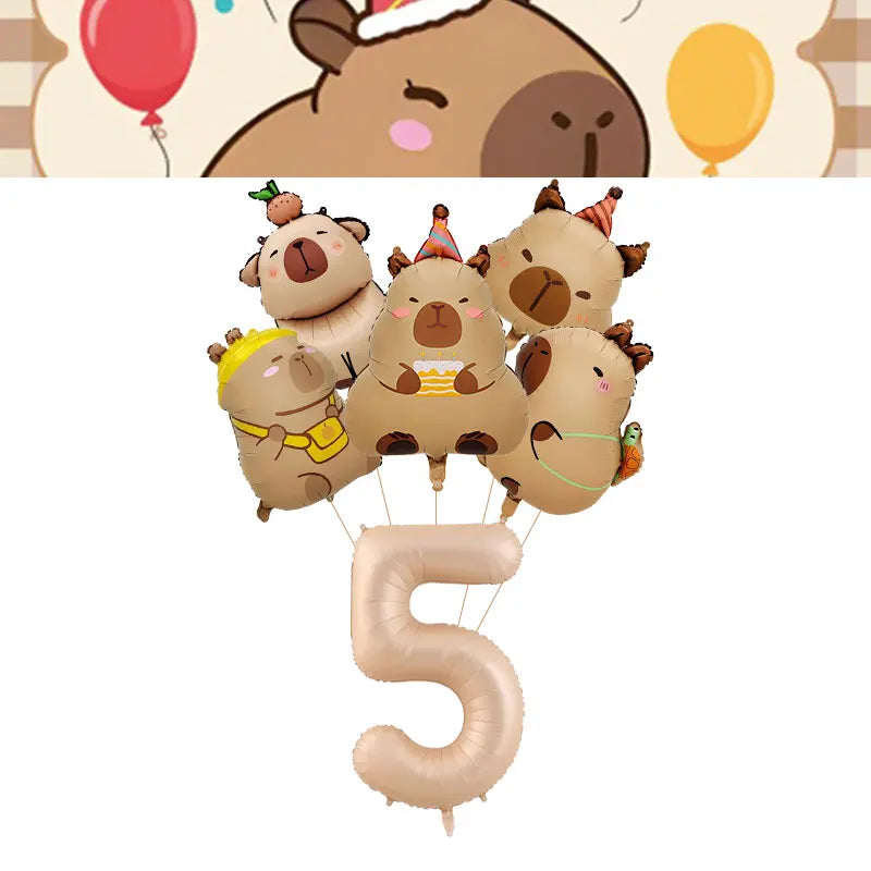 A set of five adorable capybara-themed balloons shaped like the number 5 for a birthday party decoration kit.
