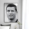 A black and white portrait of Cristiano Ronaldo, a football legend, displayed as modern wall art print.