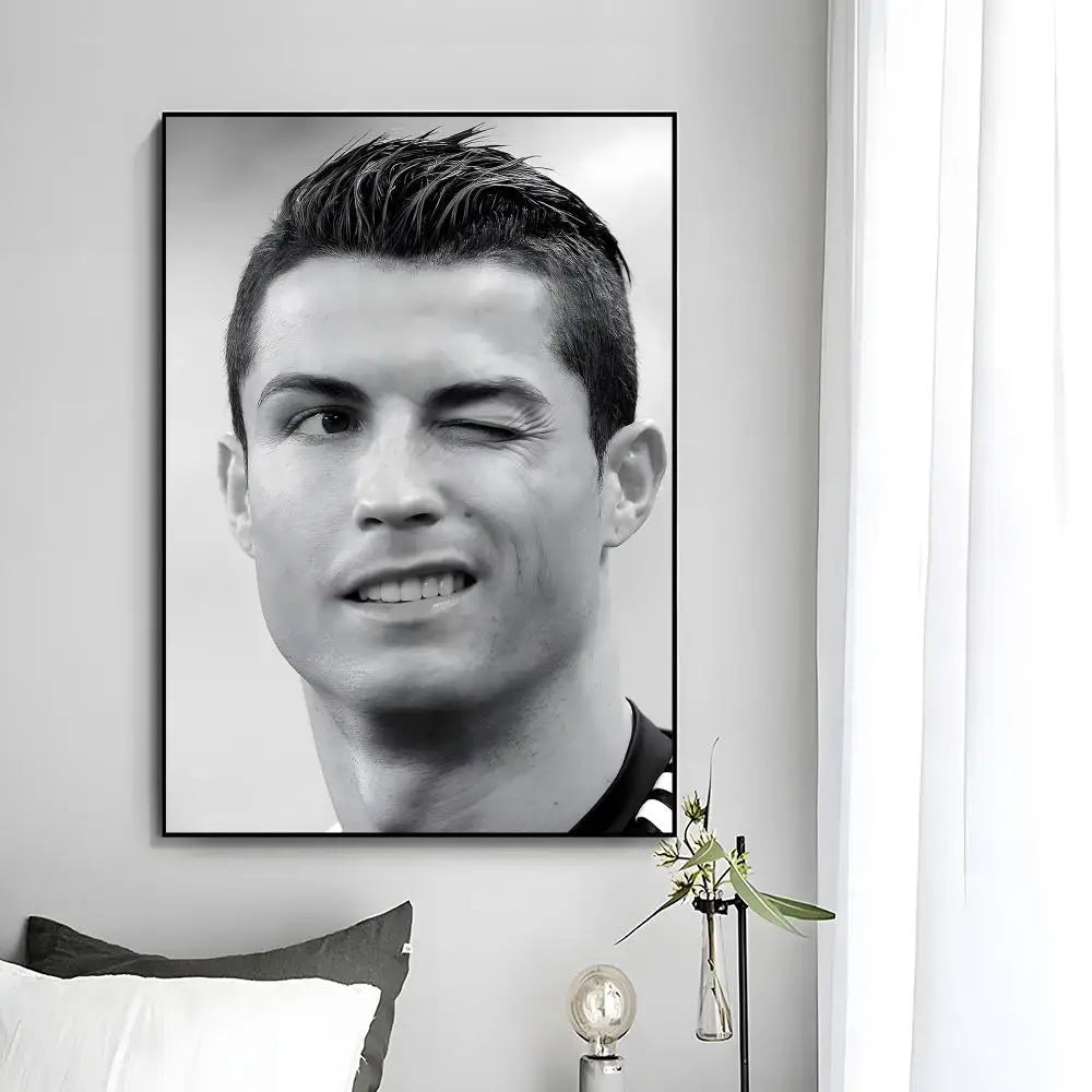 A black and white portrait of Cristiano Ronaldo, a football legend, displayed as modern wall art print.