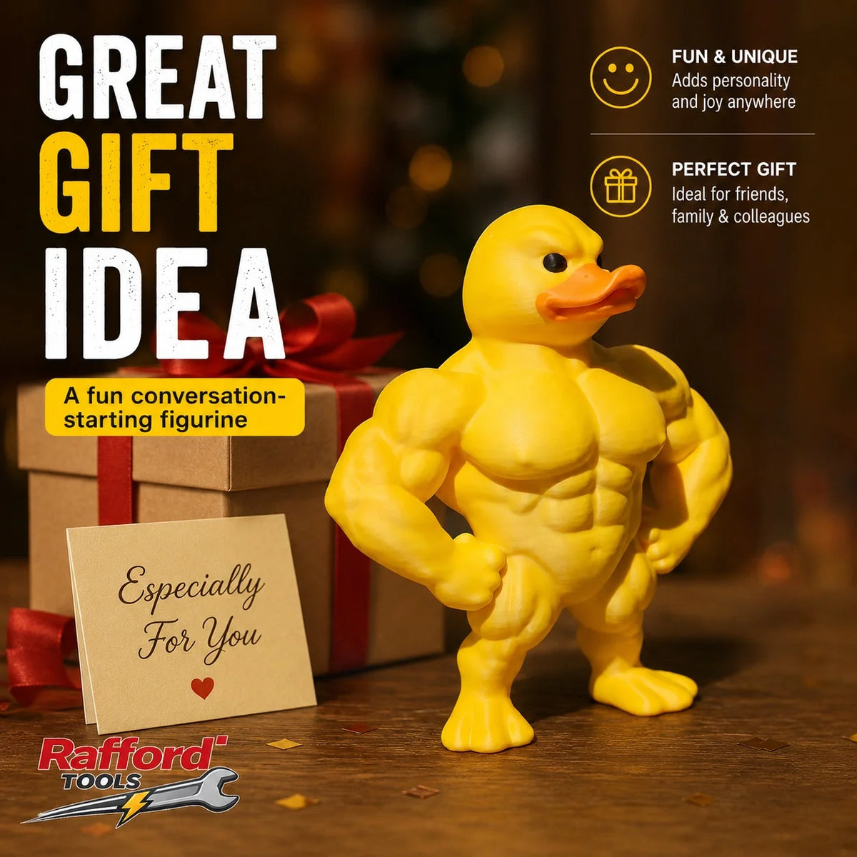 A yellow muscular duck figurine is displayed next to a gift box and text card.
