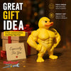 A yellow muscular duck figurine is displayed next to a gift box and text card.