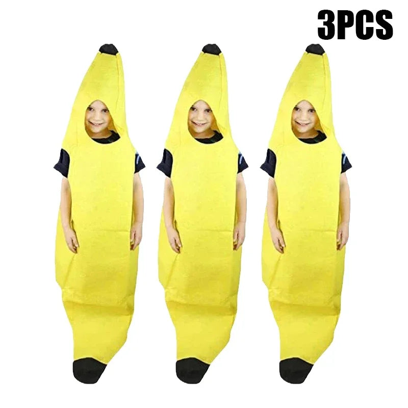 Three yellow banana costumes for children, featuring a face and body, displayed side by side.