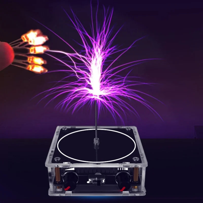 Arc plasma music coil generating purple electrical sparks above a transparent device.
