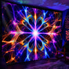 A vibrant glow-in-the-dark wall tapestry featuring a complex, starburst pattern of neon purple, blue, and orange light agains
