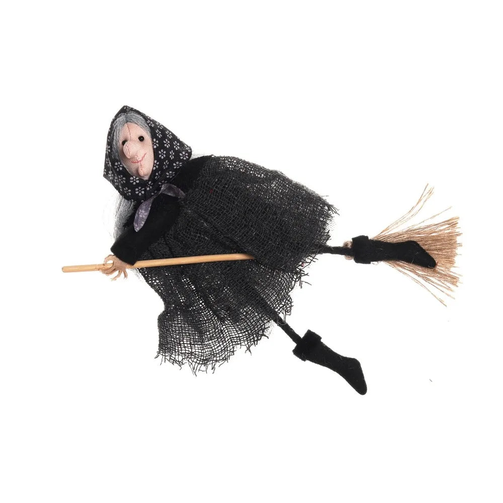 A scarecrow witch ornament set featuring a figure with a burlap hood and dark clothing.