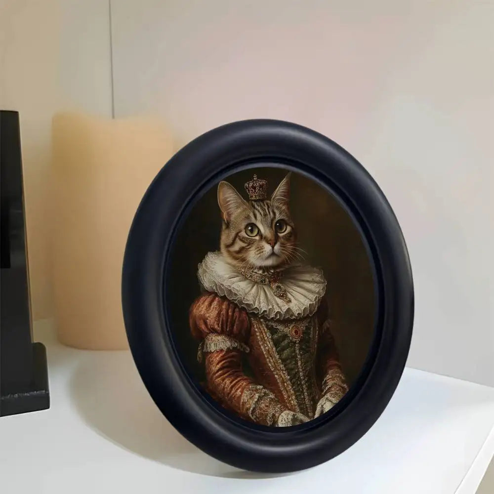 A dark wooden photo frame displaying a Renaissance portrait of a cat wearing a crown and lace collar.