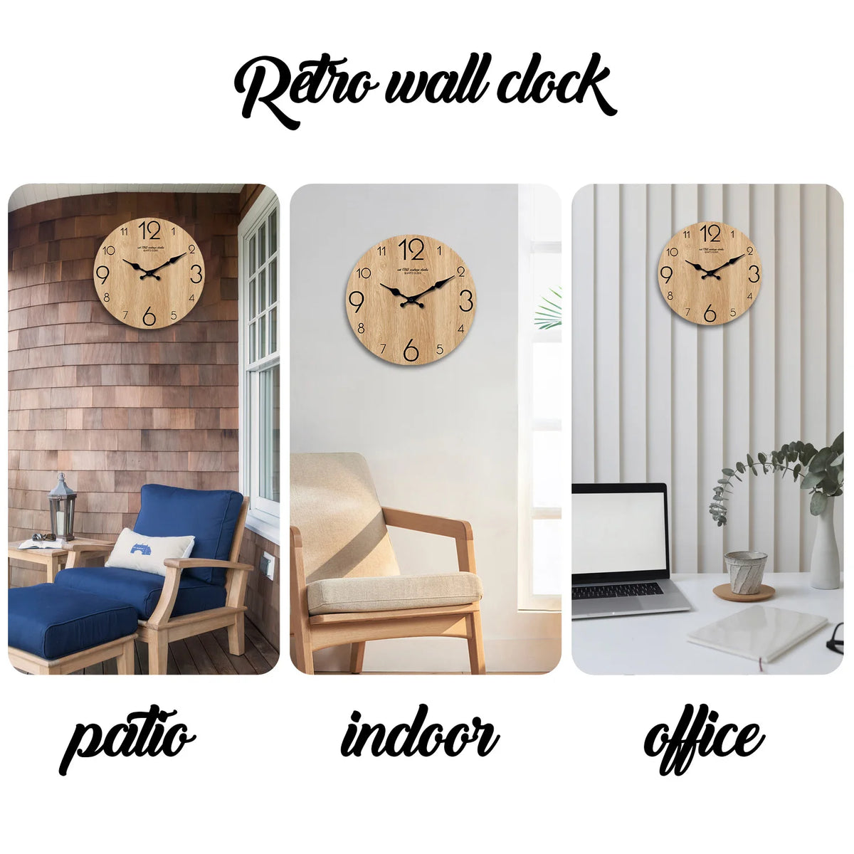 A round wood grain wall clock showing the time, displayed in patio, indoor, and office settings.