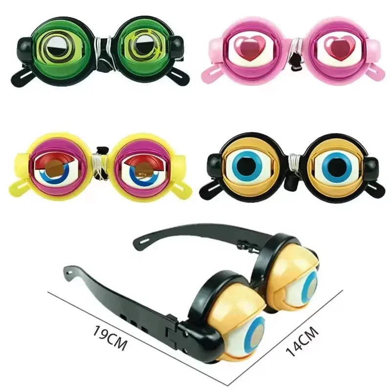 Pair of funny crazy eye costume glasses in green and pink colors