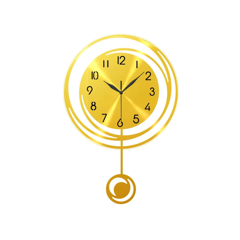 A modern circular wall clock with a gold-toned face and Arabic numerals, showing the time as 12:00.