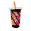 A clear plastic cup with a straw and a dark brown design featuring the text DUNK IN in pink and orange colors.