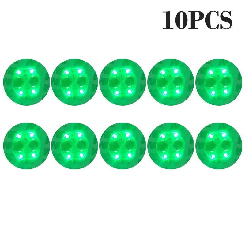 Ten bright green luminous LED coaster lights designed for bottles and glasses.