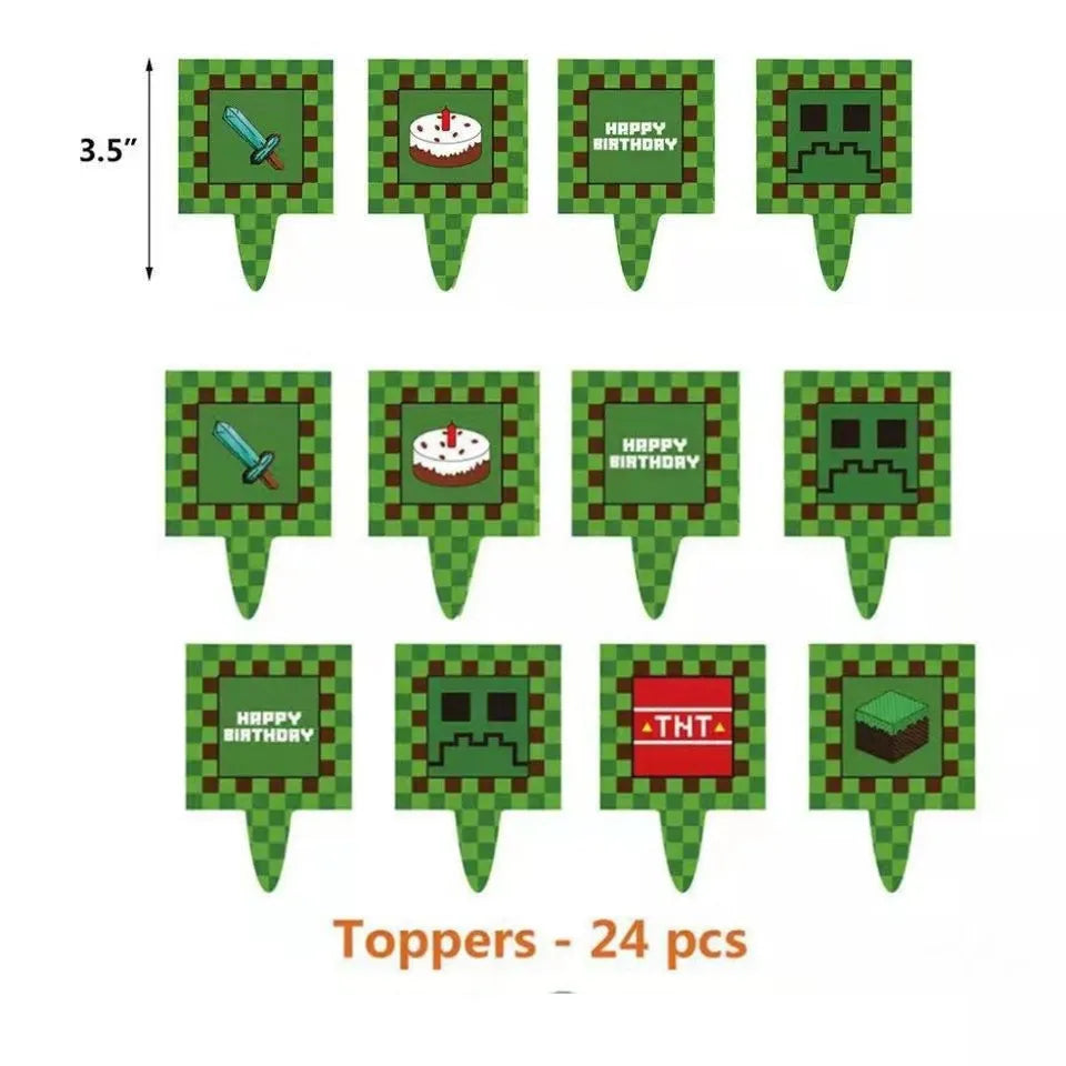 A set of 24 Minecraft-themed party toppers featuring flag pulling cake toppers and tableware.