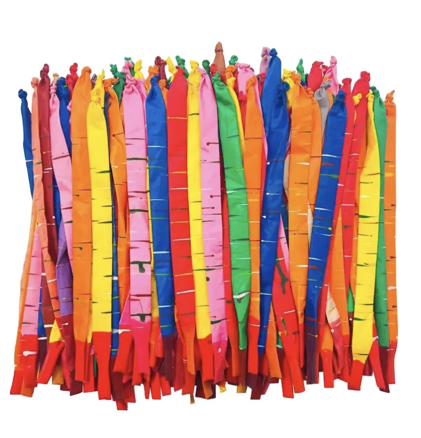 A bundle of colorful latex rocket balloons in various bright colors like orange, yellow, red, and green.