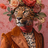 A portrait of a leopard wearing a floral crown and a rust-colored velvet jacket against a pink patterned background.