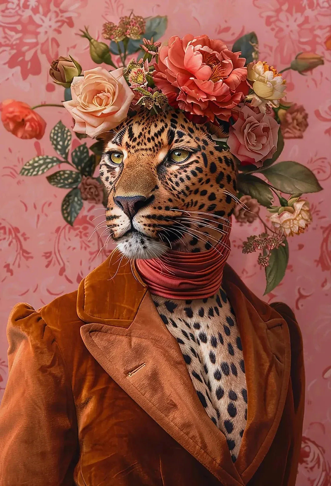 A portrait of a leopard wearing a floral crown and a rust-colored velvet jacket against a pink patterned background.