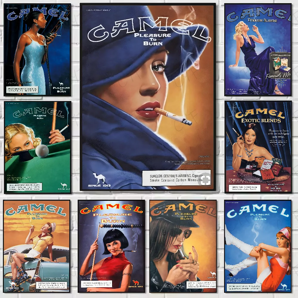 A collection of vintage Camel cigarettes retro posters featuring various designs and advertisements.